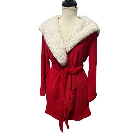 Victoria's Secret Cozy Hooded Plush Fleece W Sherpa Short Robe Vibrant Red XS/S - Picture 1 of 9